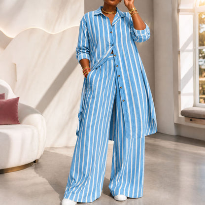 Ensemble pour femme composé d'une chemise rayée allongée et d'un pantalon à jambe large