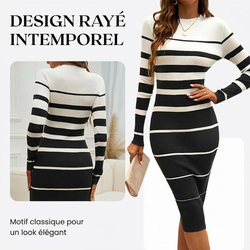 Robe en maille rayée bodycon à manches longues pour femme