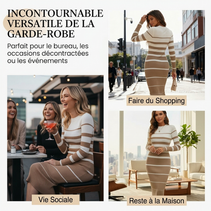 Robe en maille rayée bodycon à manches longues pour femme
