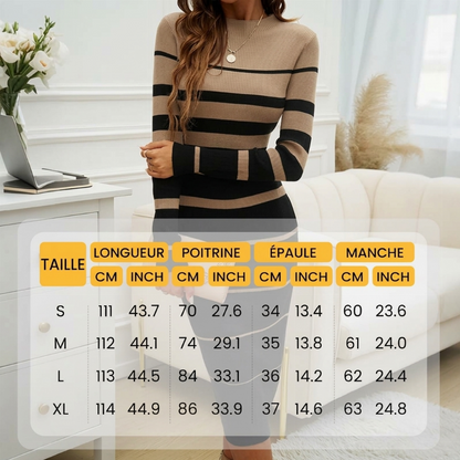 Robe en maille rayée bodycon à manches longues pour femme