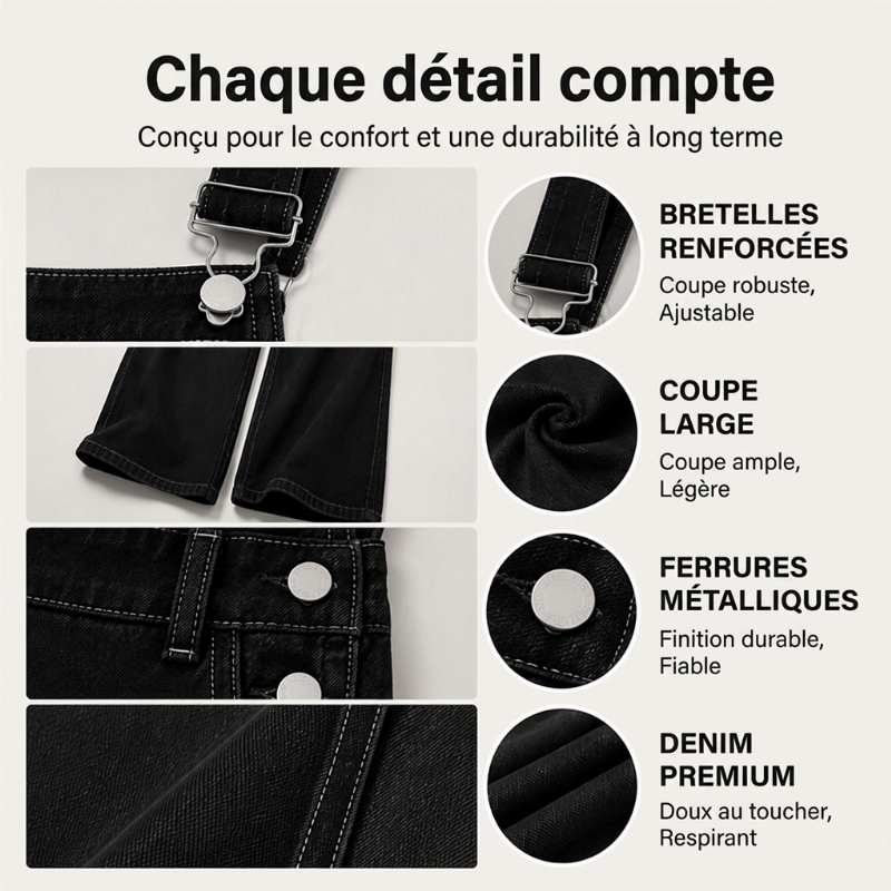 Salopette en denim à larges jambes pour femme avec poches