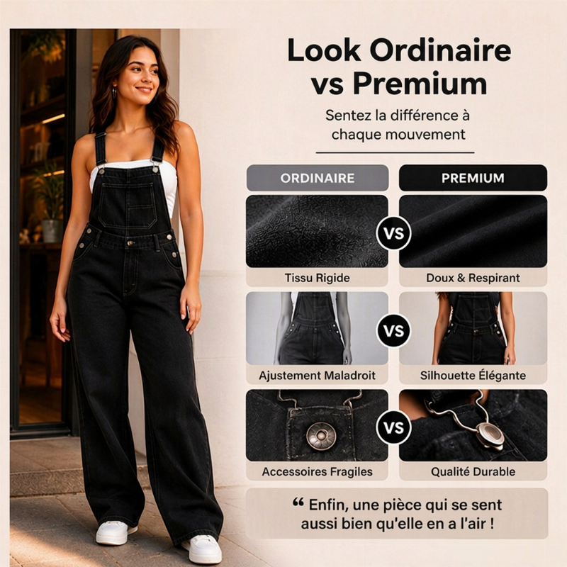 Salopette en denim à larges jambes pour femme avec poches