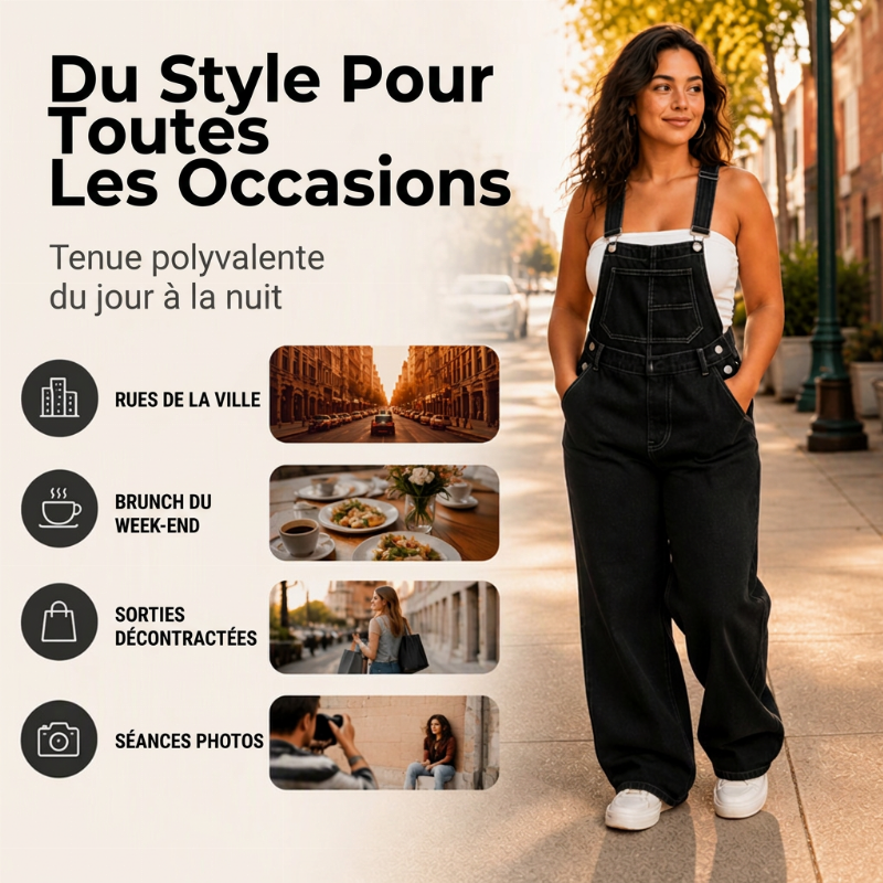 Salopette en denim à larges jambes pour femme avec poches