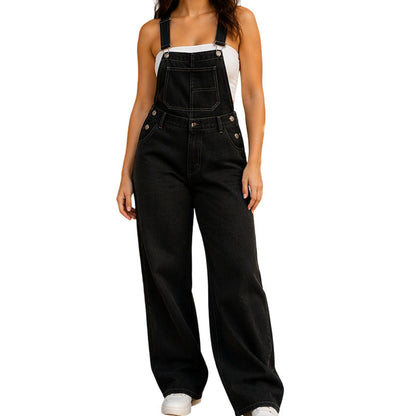 Salopette en denim à larges jambes pour femme avec poches