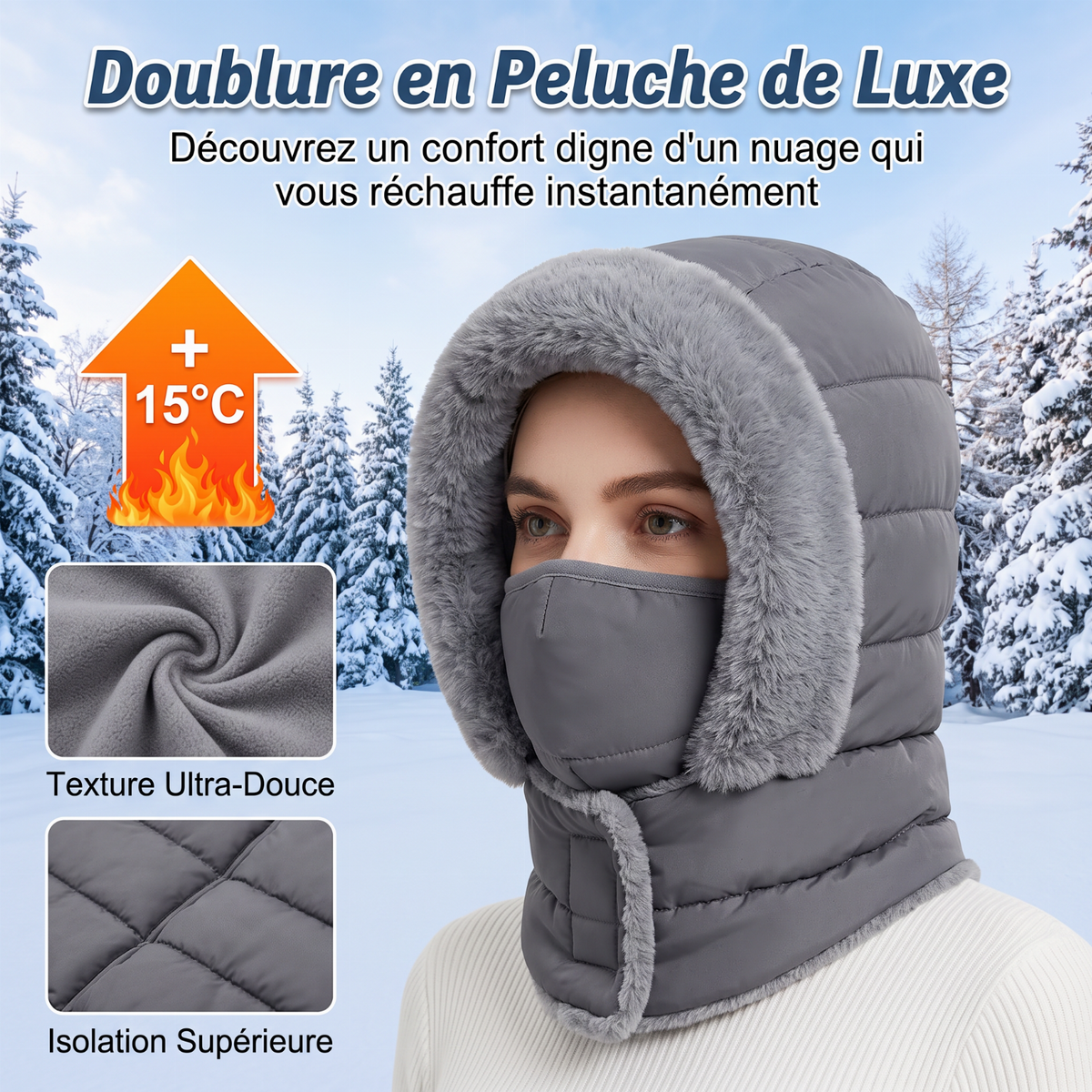 Bonnet thermique épaissi doublé de peluche avec masque facial
