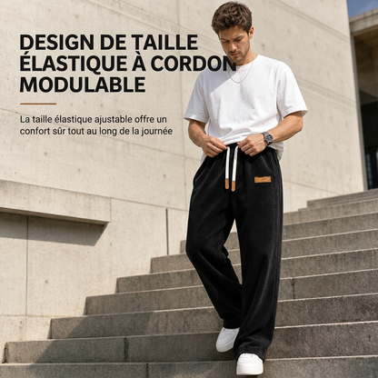 Pantalon décontracté en velours côtelé pour homme, à jambes larges, taille élastique avec cordon de serrage, coupe décontractée et ample