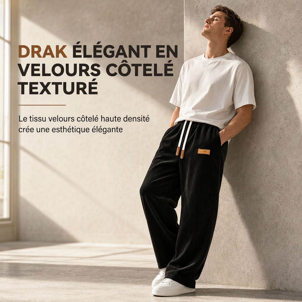 Pantalon décontracté en velours côtelé pour homme, à jambes larges, taille élastique avec cordon de serrage, coupe décontractée et ample