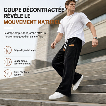 Pantalon décontracté en velours côtelé pour homme, à jambes larges, taille élastique avec cordon de serrage, coupe décontractée et ample