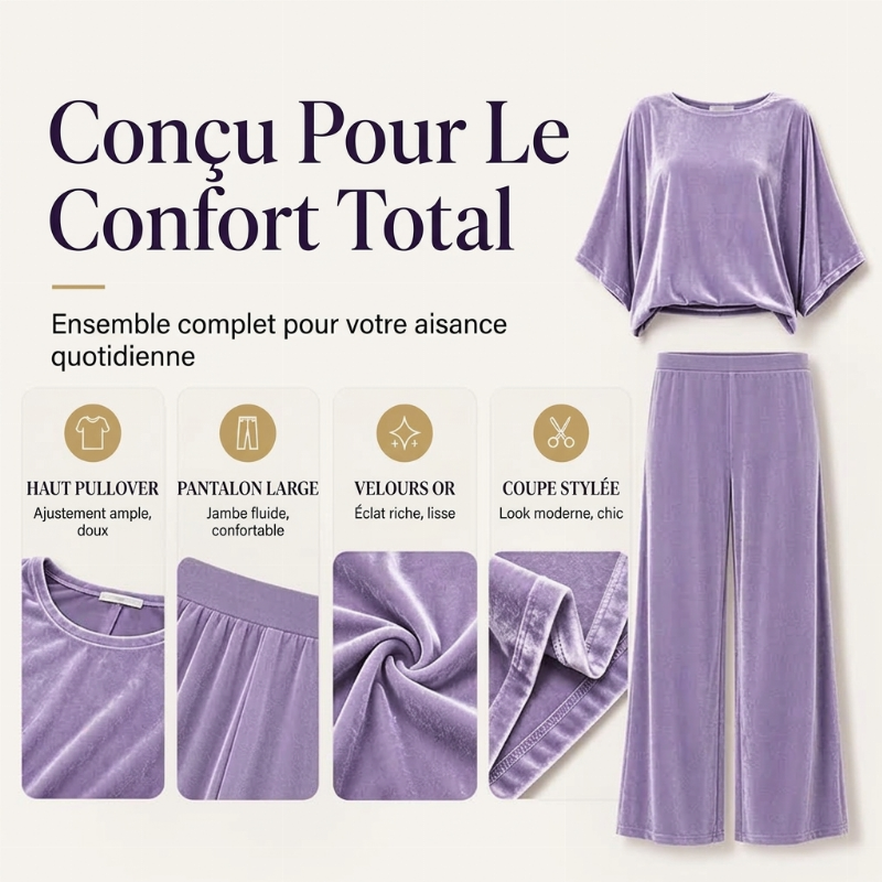 Ensemble haut à manches courtes en velours et pantalon large pour femme