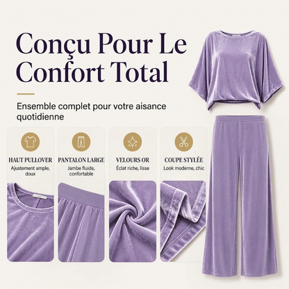Ensemble haut à manches courtes en velours et pantalon large pour femme