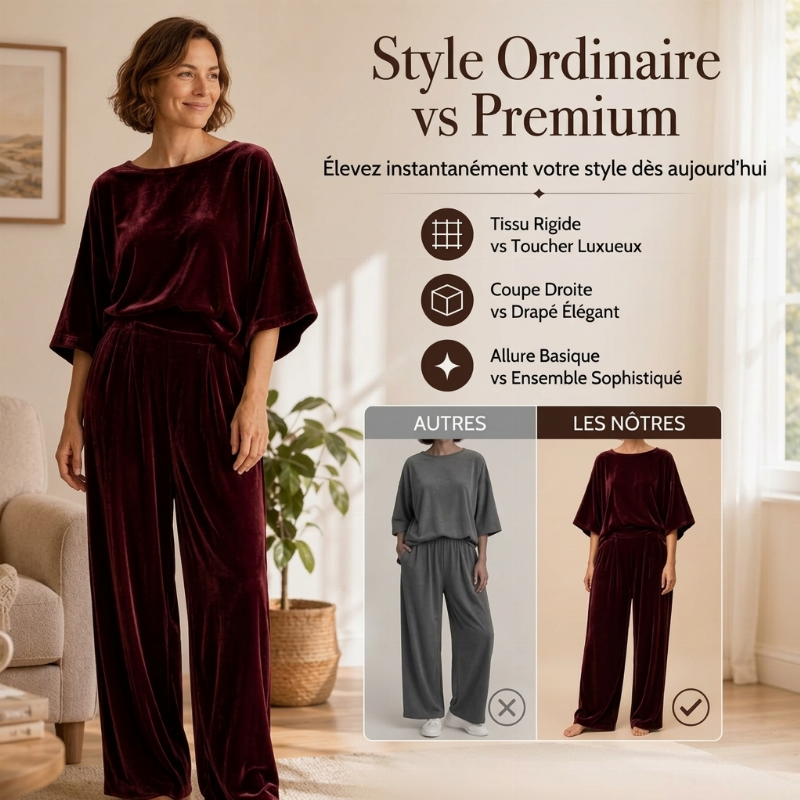 Ensemble haut à manches courtes en velours et pantalon large pour femme