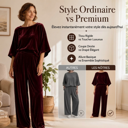 Ensemble haut à manches courtes en velours et pantalon large pour femme