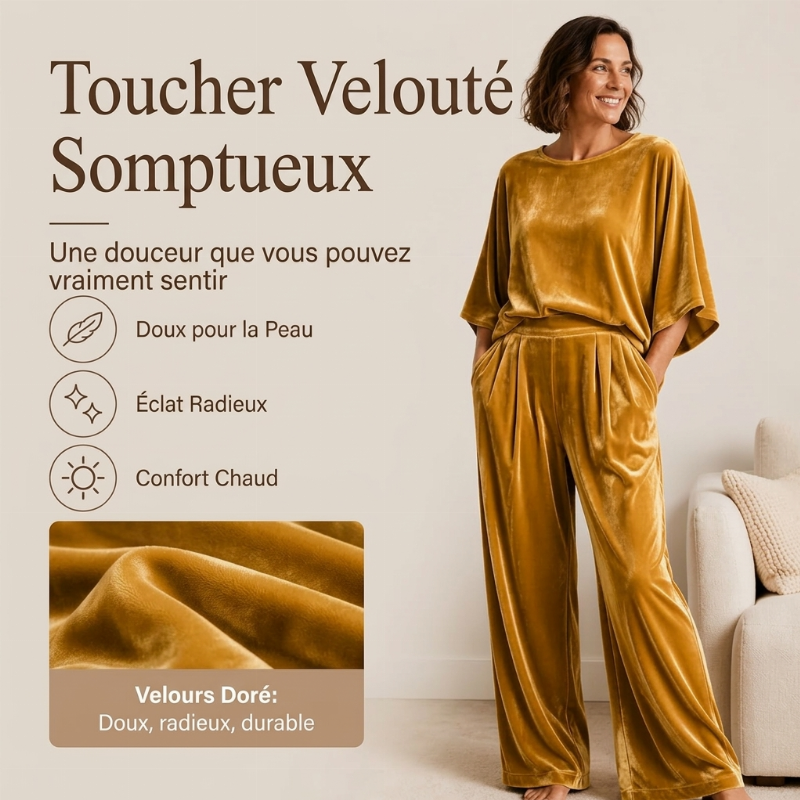 Ensemble haut à manches courtes en velours et pantalon large pour femme