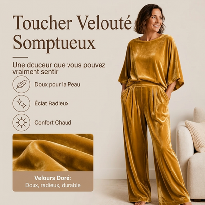 Ensemble haut à manches courtes en velours et pantalon large pour femme
