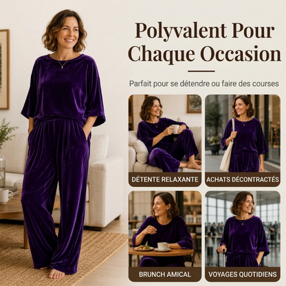 Ensemble haut à manches courtes en velours et pantalon large pour femme