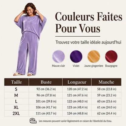 Ensemble haut à manches courtes en velours et pantalon large pour femme