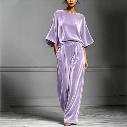 Ensemble haut à manches courtes en velours et pantalon large pour femme