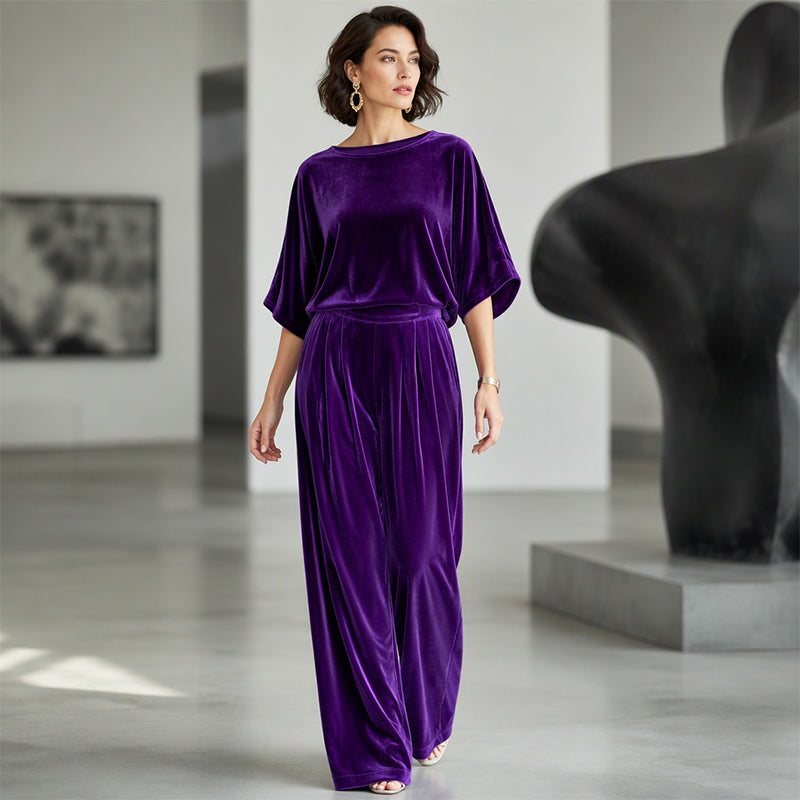 Ensemble haut à manches courtes en velours et pantalon large pour femme