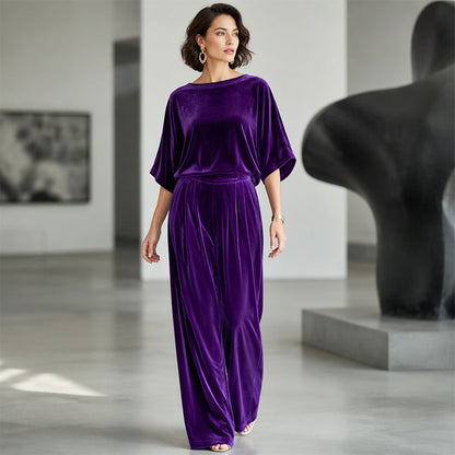 Ensemble haut à manches courtes en velours et pantalon large pour femme