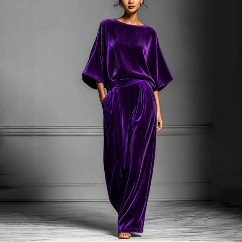 Ensemble haut à manches courtes en velours et pantalon large pour femme