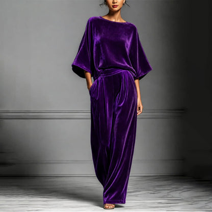 Ensemble haut à manches courtes en velours et pantalon large pour femme