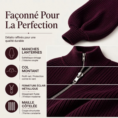Pull en maille femme à manches bouffantes et fermeture éclair