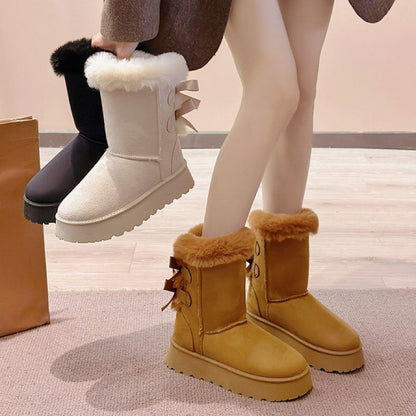 Bottes de neige à plateforme pour femme avec nœud décoratif