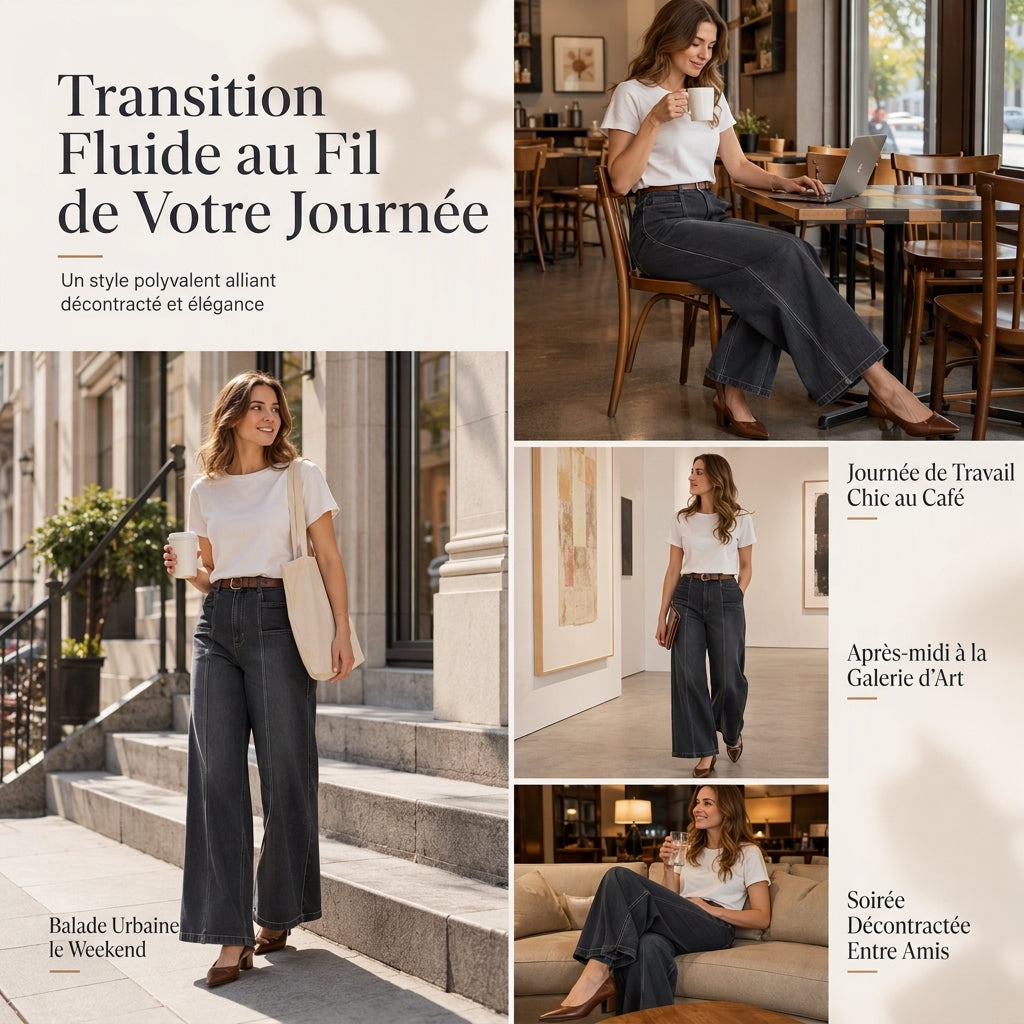 Pantalon en denim taille haute et jambe large pour femme