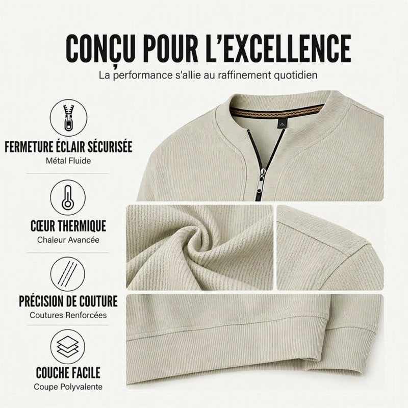 Sweat-shirt côtelé à demi-zip pour homme avec doublure chaude