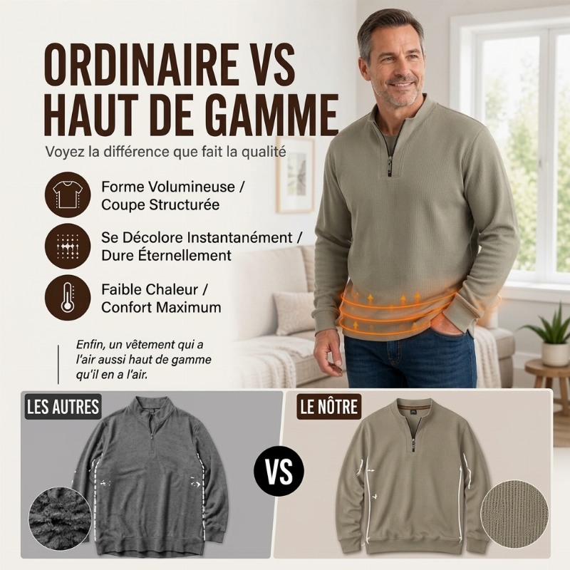 Sweat-shirt côtelé à demi-zip pour homme avec doublure chaude