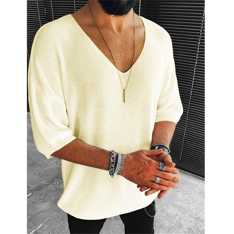 T-shirt en maille décontracté pour homme à col en V