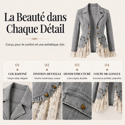 Veste en jean pour femme à col tailleur et ourlet en dentelle