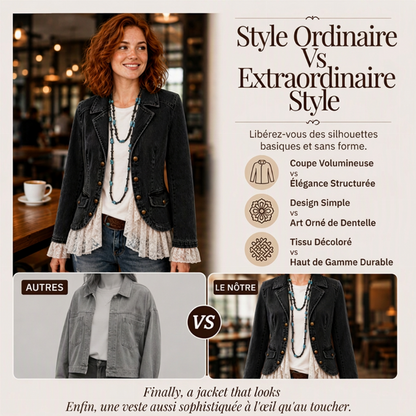 Veste en jean pour femme à col tailleur et ourlet en dentelle