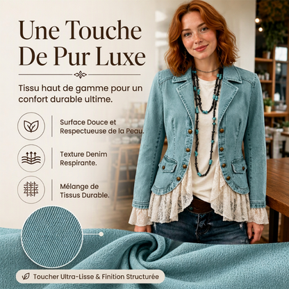 Veste en jean pour femme à col tailleur et ourlet en dentelle