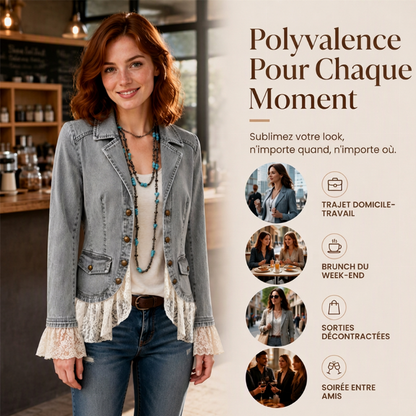 Veste en jean pour femme à col tailleur et ourlet en dentelle