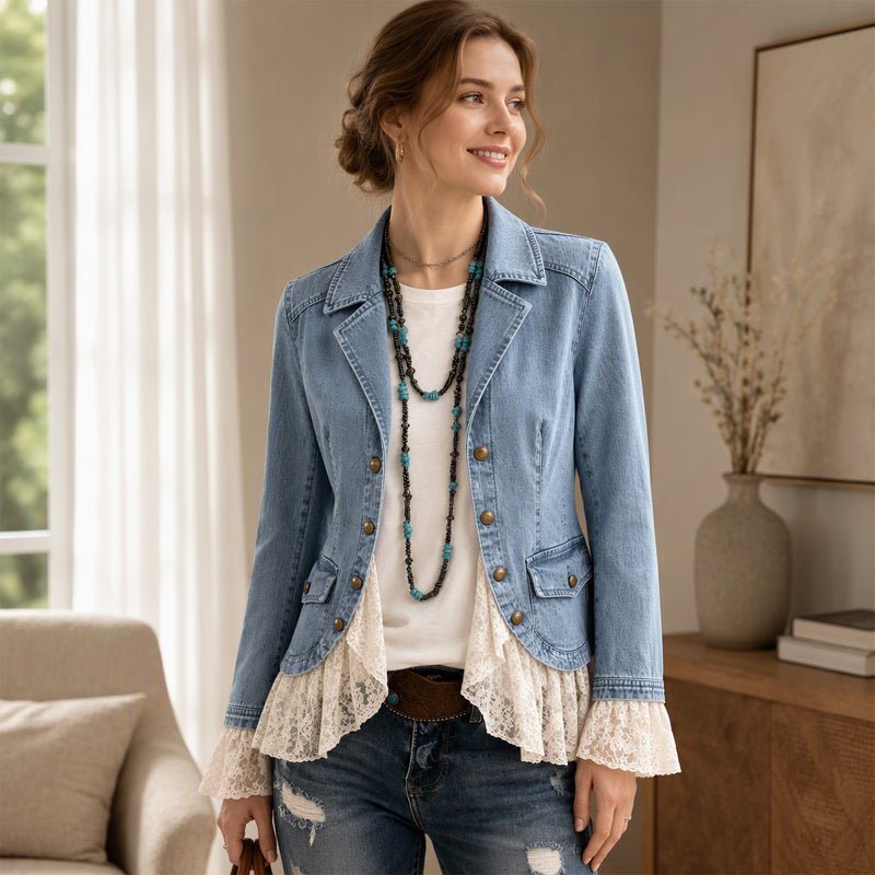 Veste en jean pour femme à col tailleur et ourlet en dentelle