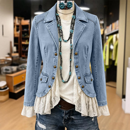 Veste en jean pour femme à col tailleur et ourlet en dentelle