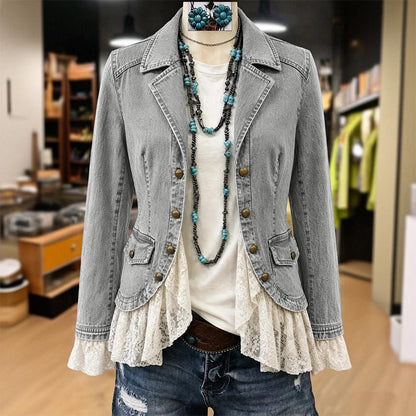 Veste en jean pour femme à col tailleur et ourlet en dentelle