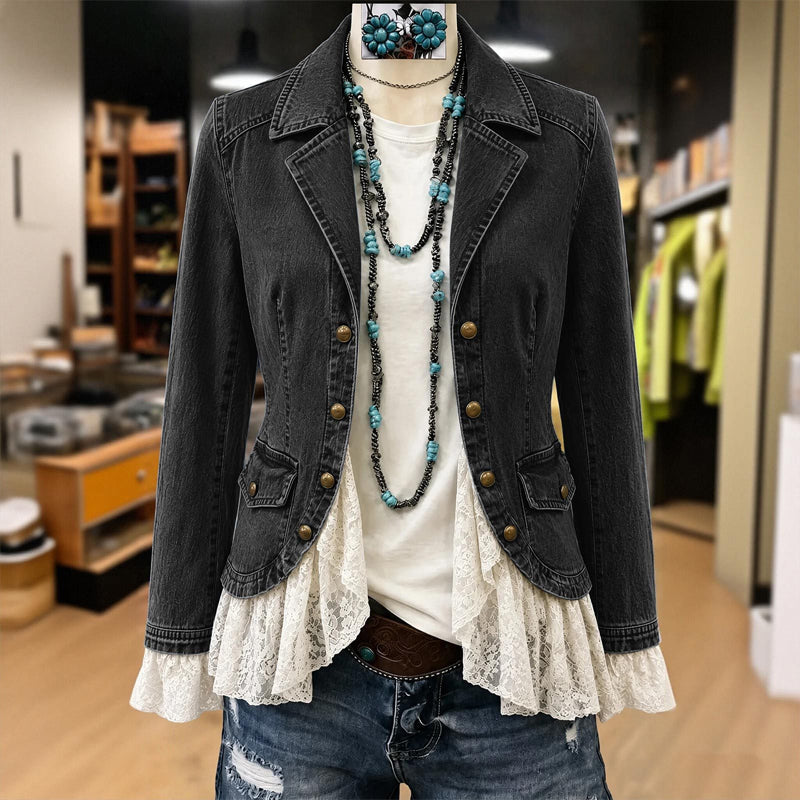 Veste en jean pour femme à col tailleur et ourlet en dentelle