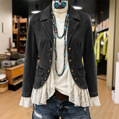 Veste en jean pour femme à col tailleur et ourlet en dentelle