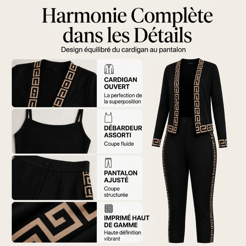 Ensemble 3 pièces pour femme : cardigan, top tube et pantalon