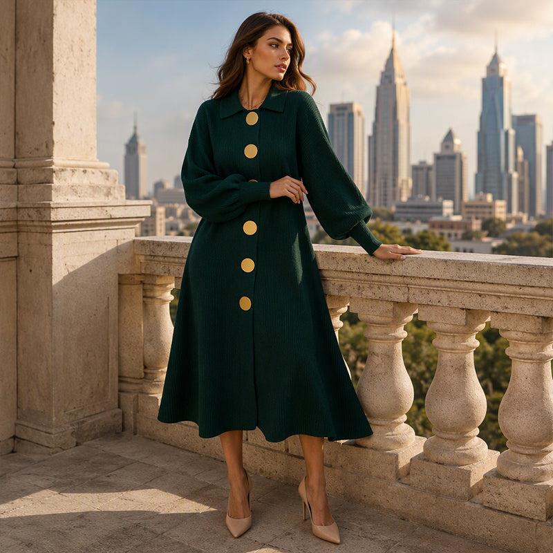 Robe longue en maille côtelée à manches bouffantes pour femme