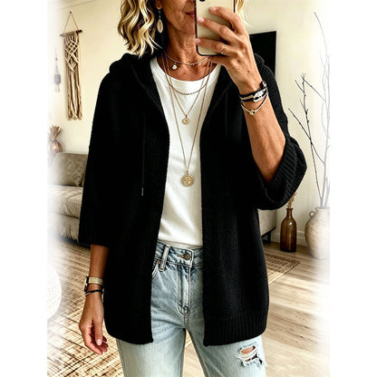 Cardigan en maille à capuche pour femme, manches 3/4