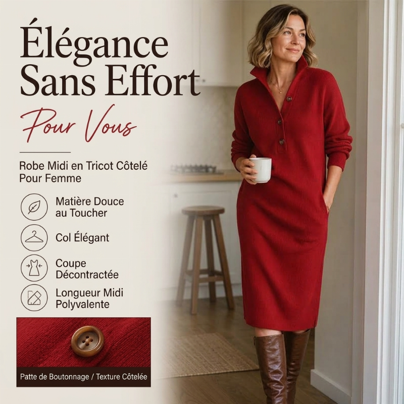 Robe pull en maille côtelée à col rabattant pour femme
