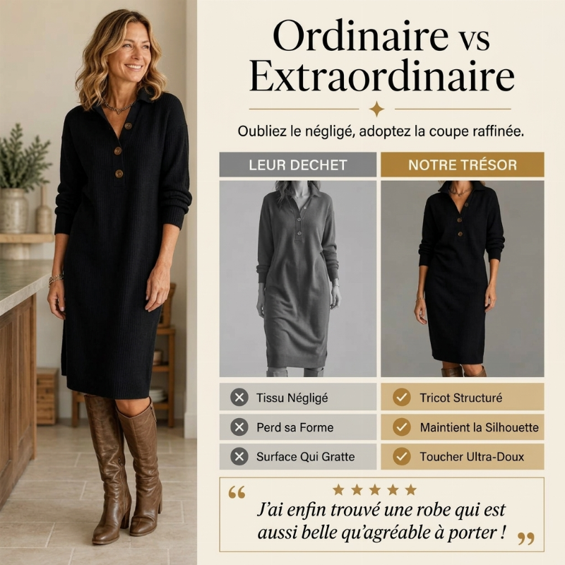 Robe pull en maille côtelée à col rabattant pour femme