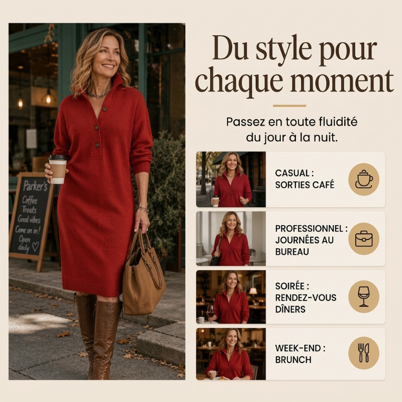 Robe pull en maille côtelée à col rabattant pour femme