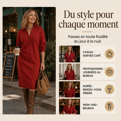 Robe pull en maille côtelée à col rabattant pour femme