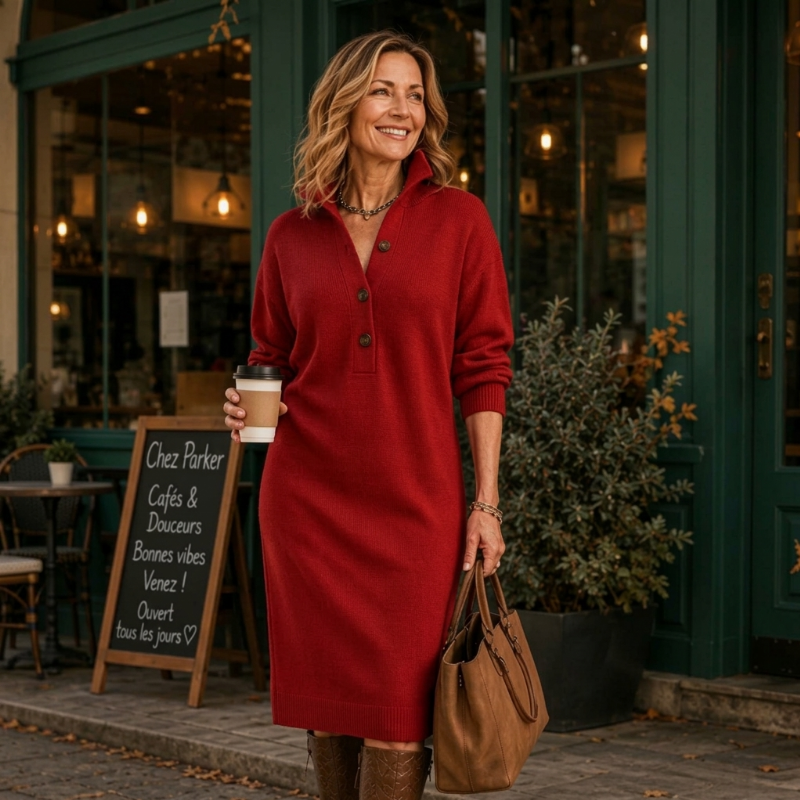 Robe pull en maille côtelée à col rabattant pour femme