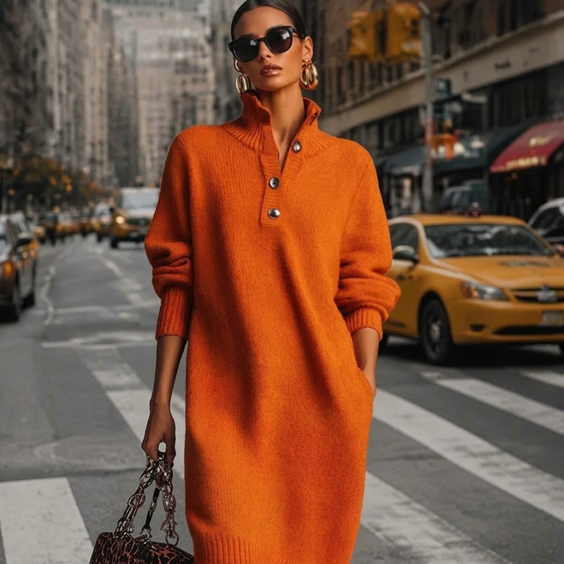 Robe pull en maille côtelée à col rabattant pour femme