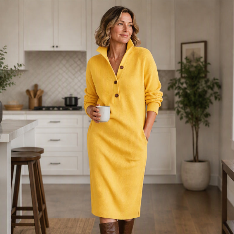 Robe pull en maille côtelée à col rabattant pour femme